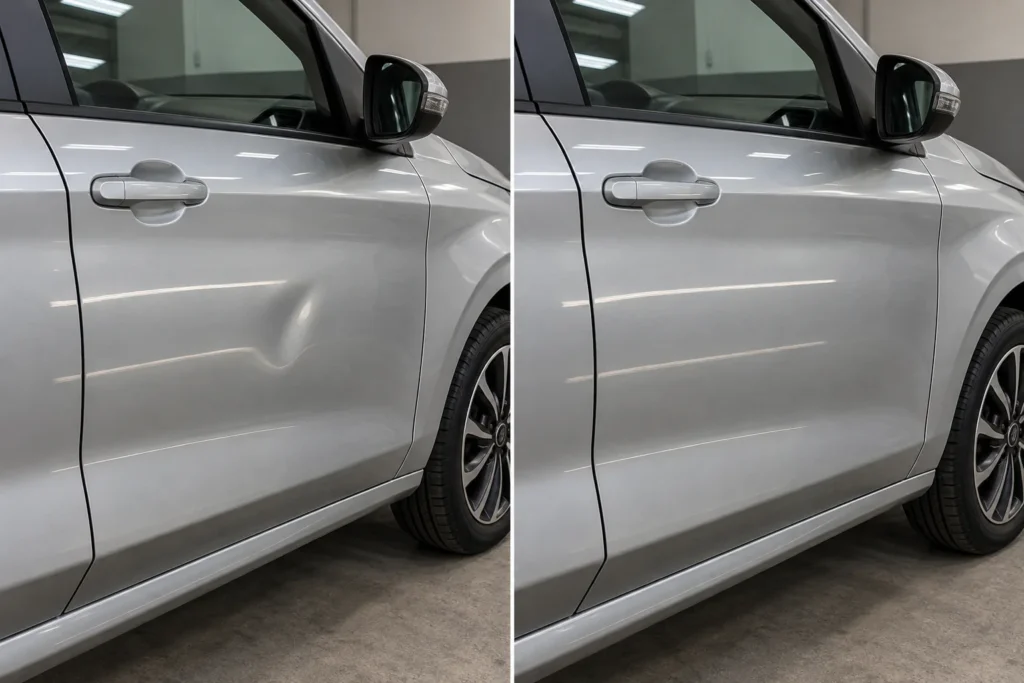 Ejemplo ilustrativo de golpes de estacionamiento en una puerta y comparación sin el bollo.