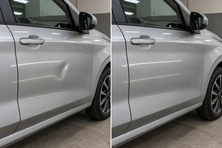Ejemplo ilustrativo de golpes de estacionamiento en una puerta y comparación sin el bollo. IA.