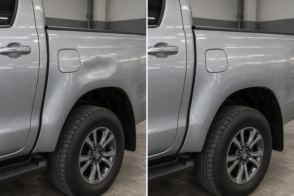 Comparativa ilustrativa de un auto con granizo y su panel sin abolladuras, creada con