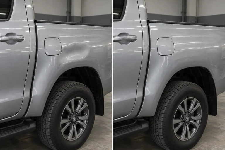 Comparativa ilustrativa de un auto con granizo y su panel sin abolladuras, creada con IA.